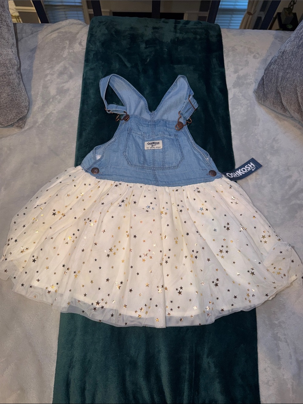 OshKosh Light Blue Denim Overall with Cream Tulle and Gold Stars